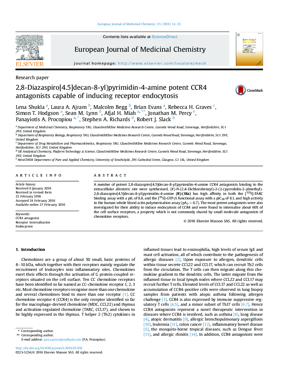 2,8-Diazaspiro[4.5]decan-8-yl)pyrimidin-4-amine potent CCR4 antagonists capable of inducing receptor endocytosis