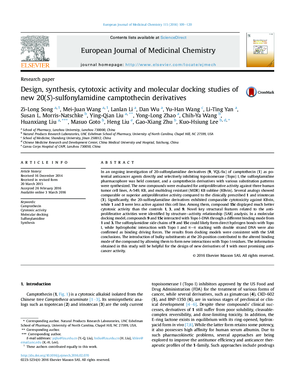 Design, synthesis, cytotoxic activity and molecular docking studies of new 20(S)-sulfonylamidine camptothecin derivatives