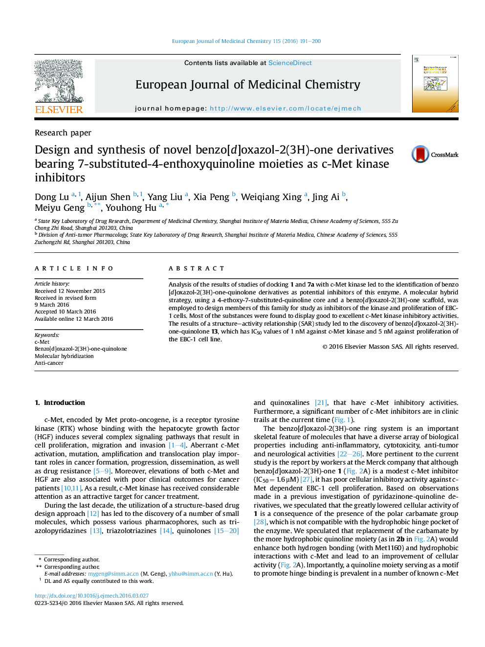 Design and synthesis of novel benzo[d]oxazol-2(3H)-one derivatives bearing 7-substituted-4-enthoxyquinoline moieties as c-Met kinase inhibitors