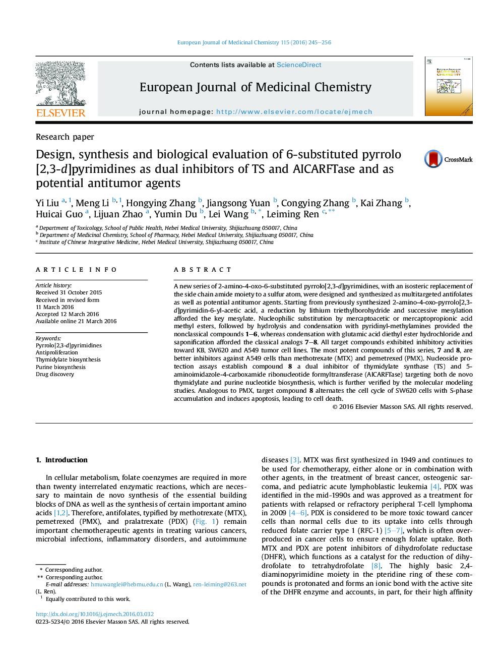 Design, synthesis and biological evaluation of 6-substituted pyrrolo[2,3-d]pyrimidines as dual inhibitors of TS and AICARFTase and as potential antitumor agents