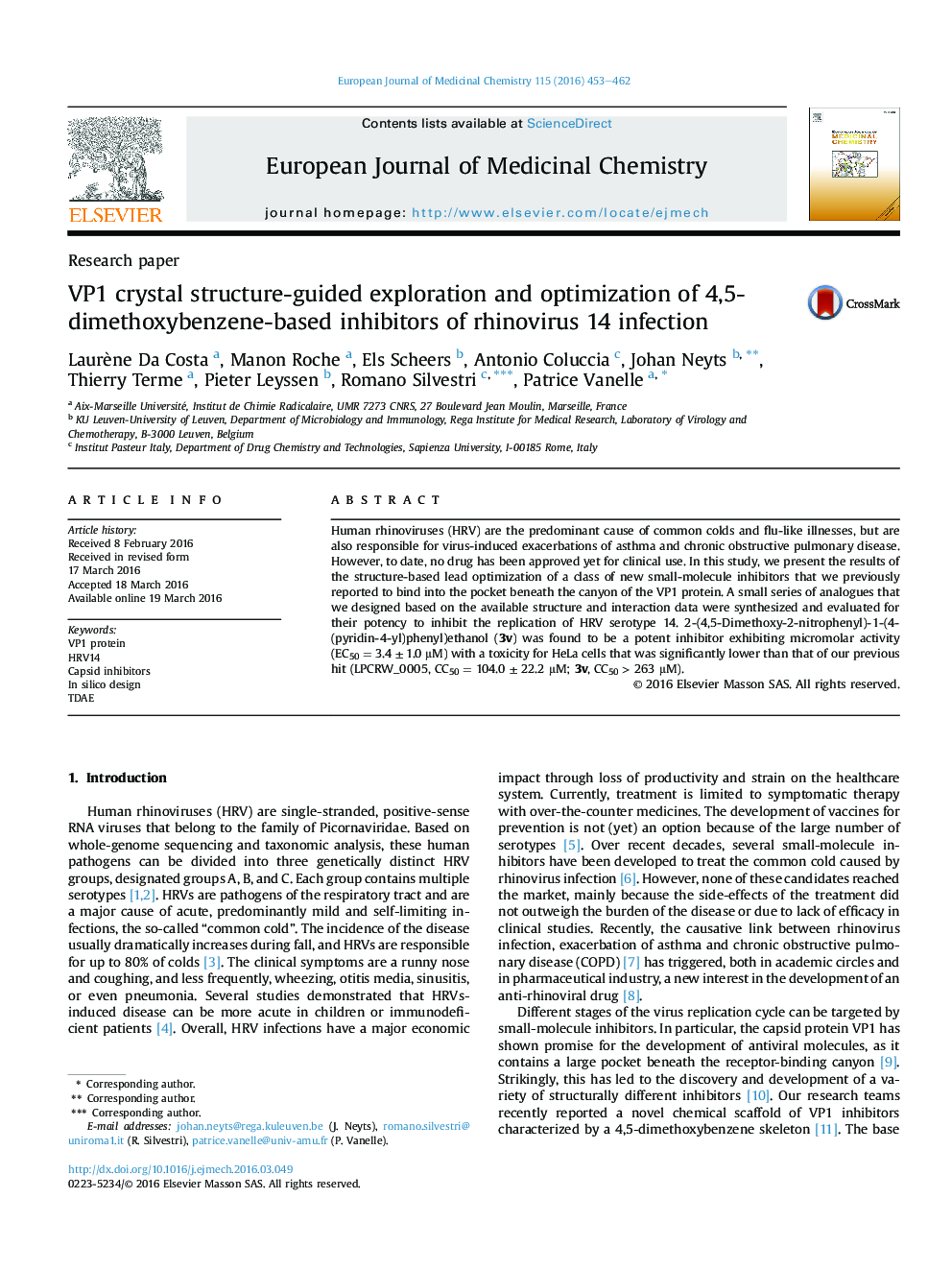 VP1 crystal structure-guided exploration and optimization of 4,5-dimethoxybenzene-based inhibitors of rhinovirus 14 infection