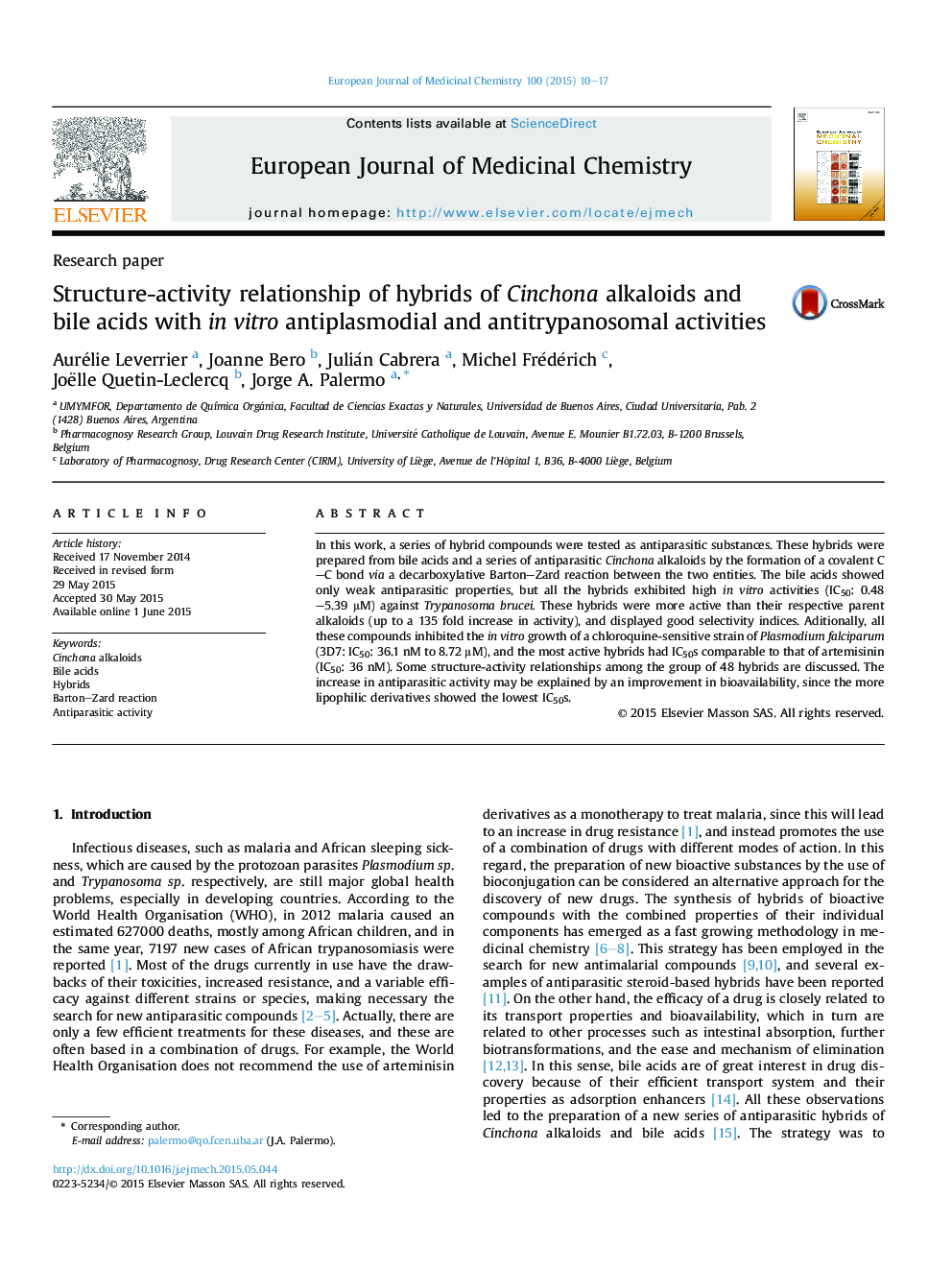 Structure-activity relationship of hybrids of Cinchona alkaloids and bile acids with in vitro antiplasmodial and antitrypanosomal activities