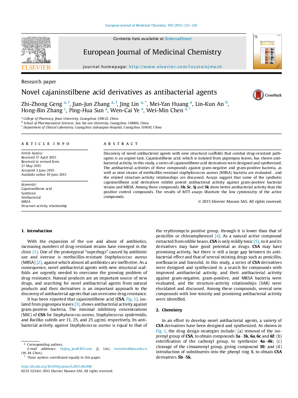 Novel cajaninstilbene acid derivatives as antibacterial agents