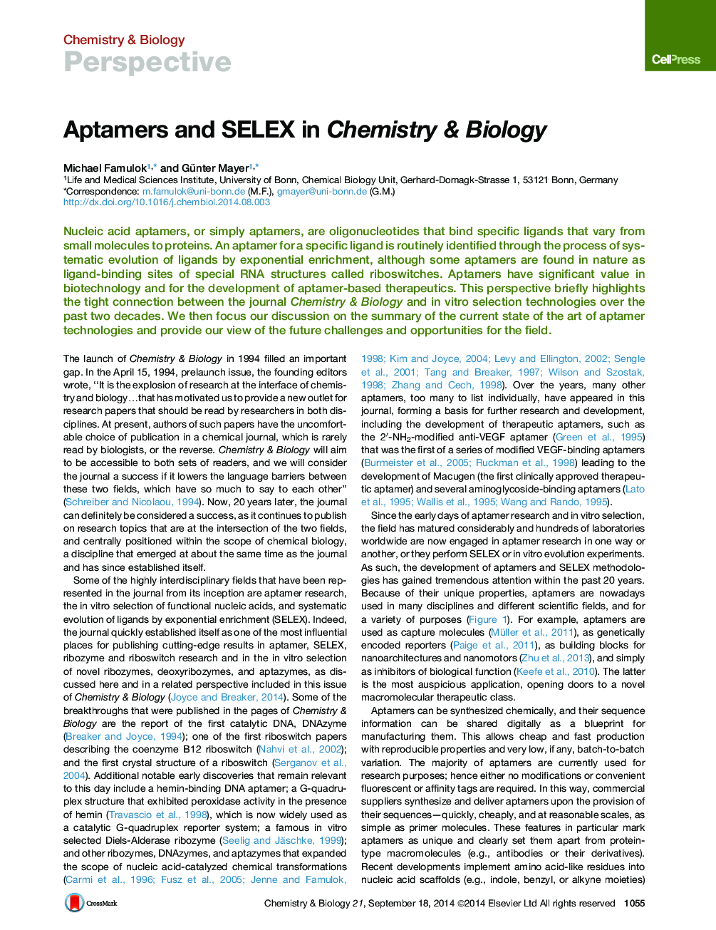 Aptamers and SELEX in Chemistry & Biology
