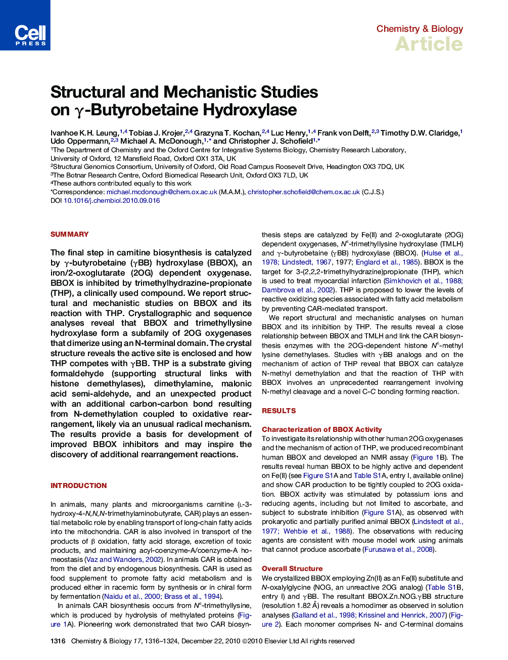 Structural and Mechanistic Studies on γ-Butyrobetaine Hydroxylase