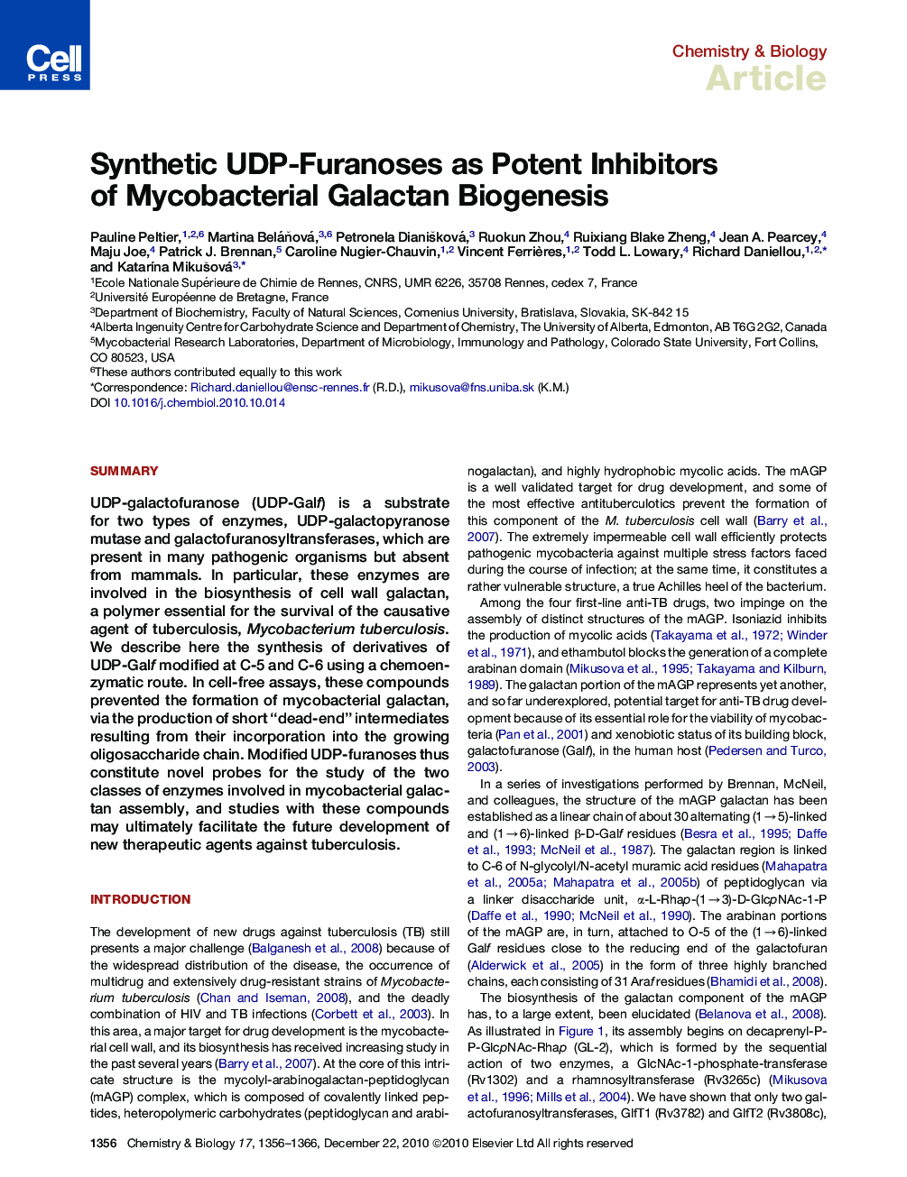 Synthetic UDP-Furanoses as Potent Inhibitors of Mycobacterial Galactan Biogenesis