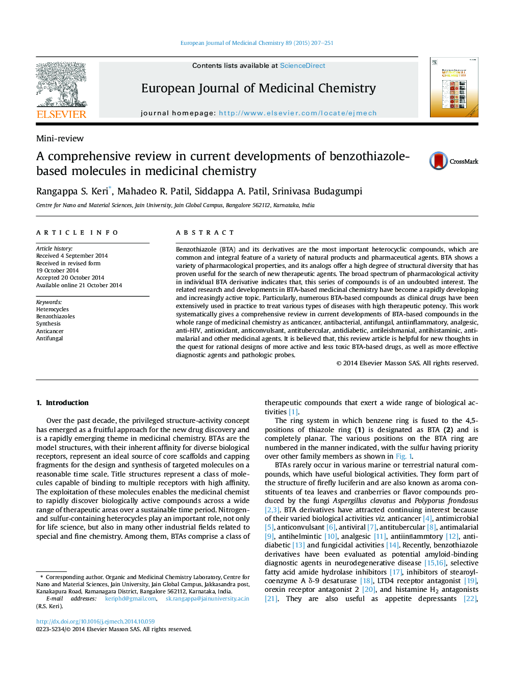 A comprehensive review in current developments of benzothiazole-based molecules in medicinal chemistry