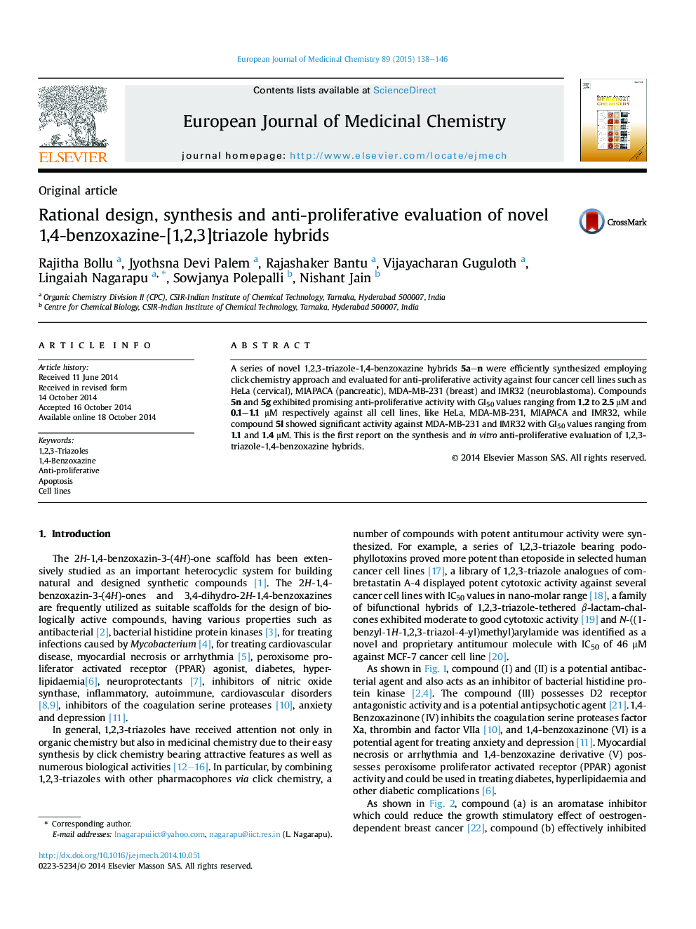 Rational design, synthesis and anti-proliferative evaluation of novel 1,4-benzoxazine-[1,2,3]triazole hybrids