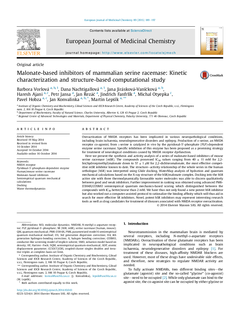 Malonate-based inhibitors of mammalian serine racemase: Kinetic characterization and structure-based computational study