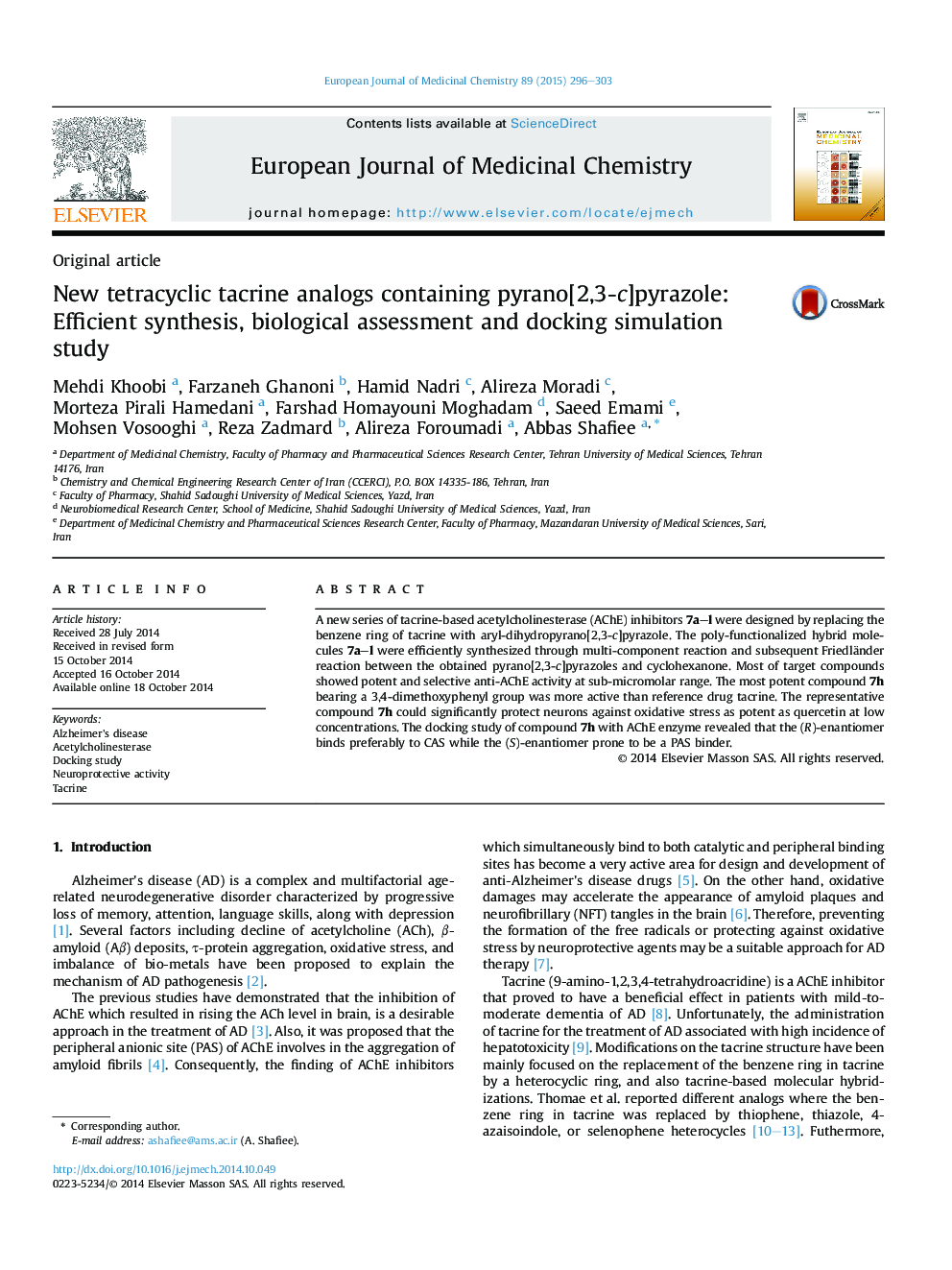 New tetracyclic tacrine analogs containing pyrano[2,3-c]pyrazole: Efficient synthesis, biological assessment and docking simulation study