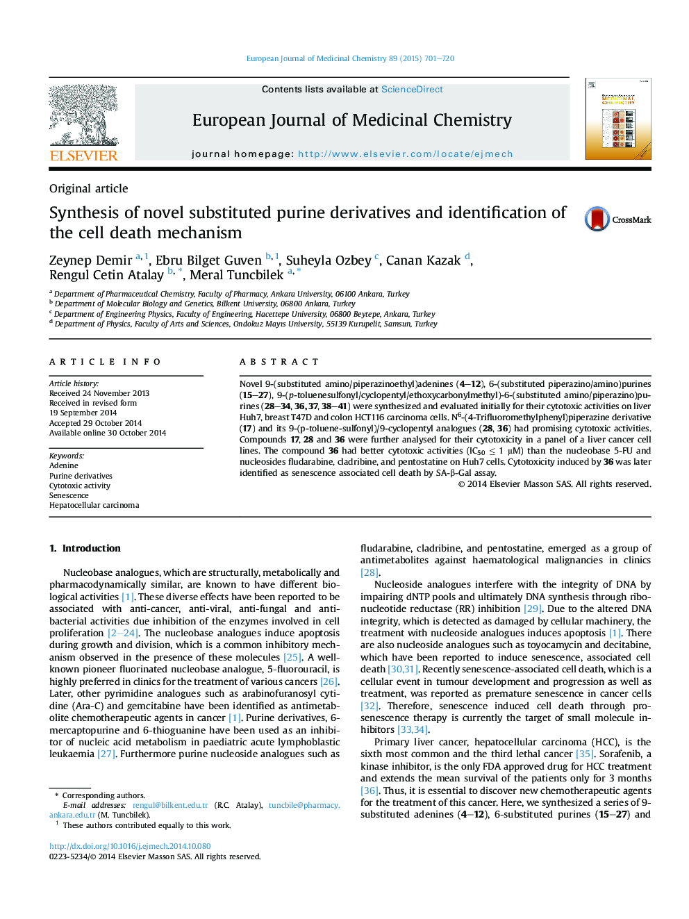 Synthesis of novel substituted purine derivatives and identification of the cell death mechanism