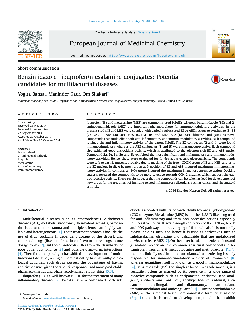 Benzimidazole–ibuprofen/mesalamine conjugates: Potential candidates for multifactorial diseases