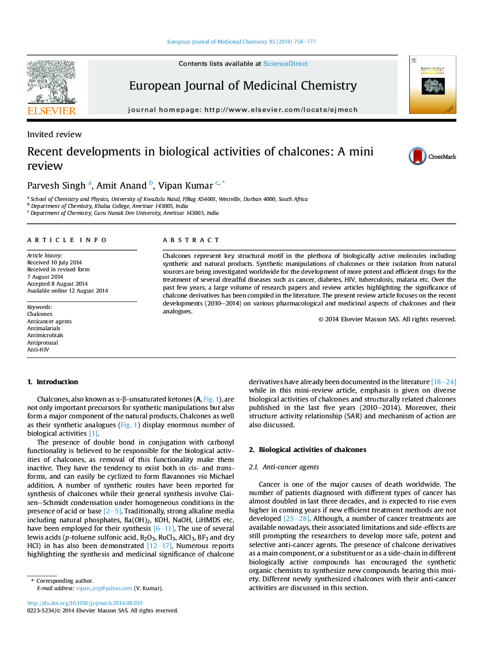 Recent developments in biological activities of chalcones: A mini review