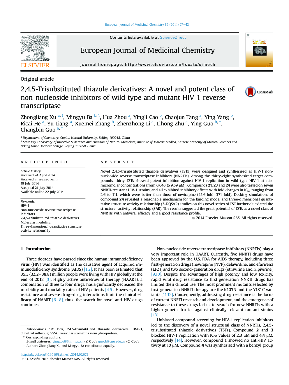 2,4,5-Trisubstituted thiazole derivatives: A novel and potent class of non-nucleoside inhibitors of wild type and mutant HIV-1 reverse transcriptase