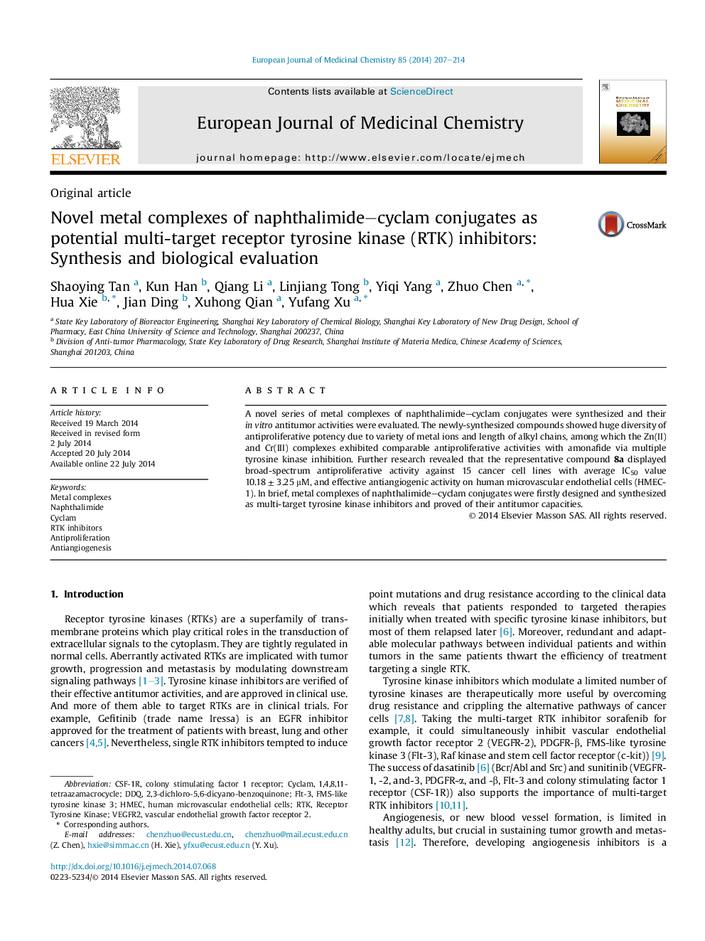 Novel metal complexes of naphthalimide–cyclam conjugates as potential multi-target receptor tyrosine kinase (RTK) inhibitors: Synthesis and biological evaluation