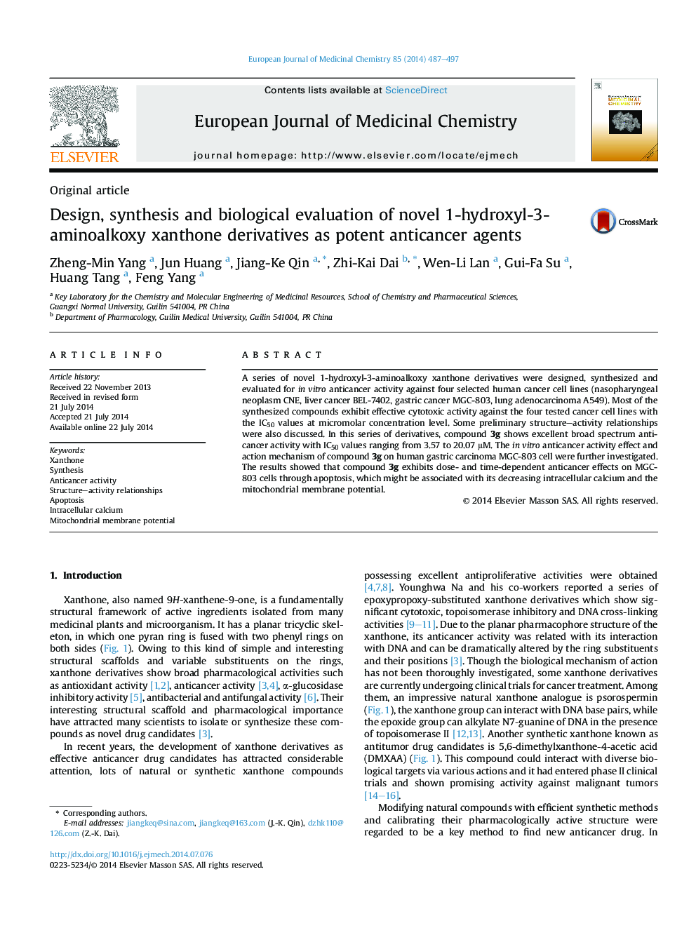 Design, synthesis and biological evaluation of novel 1-hydroxyl-3-aminoalkoxy xanthone derivatives as potent anticancer agents