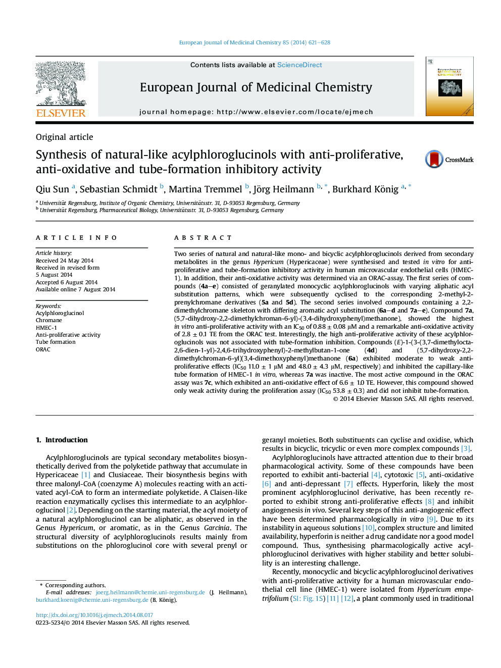 Synthesis of natural-like acylphloroglucinols with anti-proliferative, anti-oxidative and tube-formation inhibitory activity