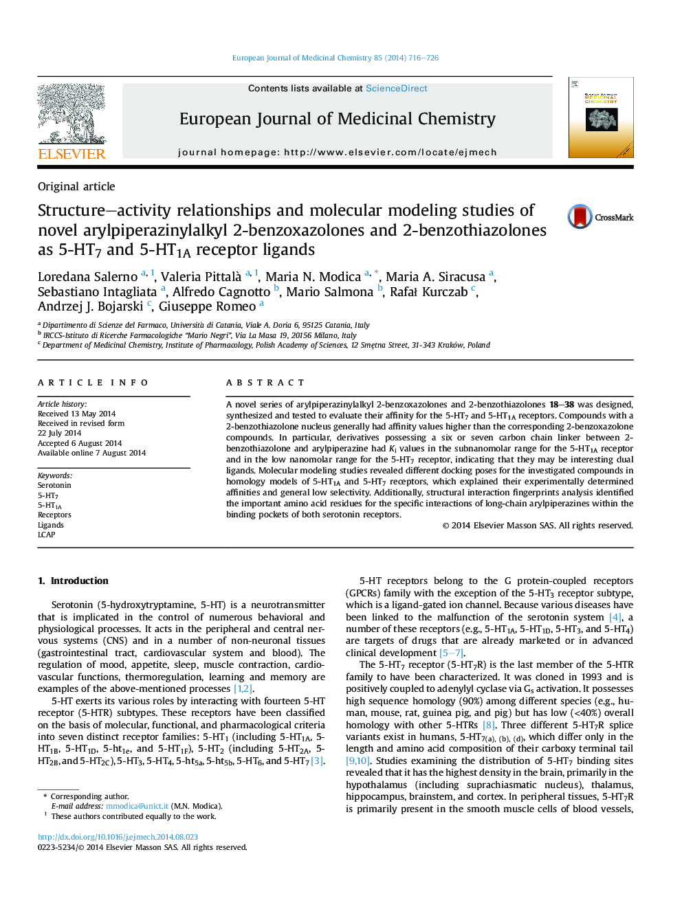 Structure–activity relationships and molecular modeling studies of novel arylpiperazinylalkyl 2-benzoxazolones and 2-benzothiazolones as 5-HT7 and 5-HT1A receptor ligands