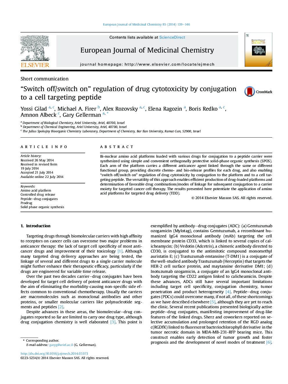 “Switch off/switch on” regulation of drug cytotoxicity by conjugation to a cell targeting peptide