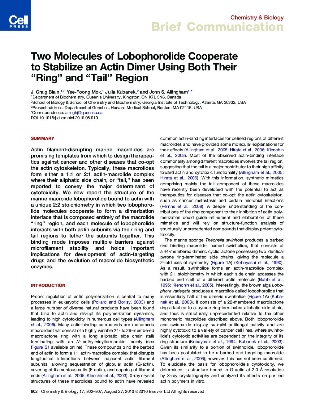 Two Molecules of Lobophorolide Cooperate to Stabilize an Actin Dimer Using Both Their “Ring” and “Tail” Region