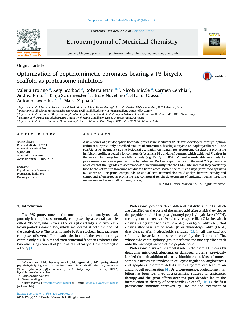 Optimization of peptidomimetic boronates bearing a P3 bicyclic scaffold as proteasome inhibitors