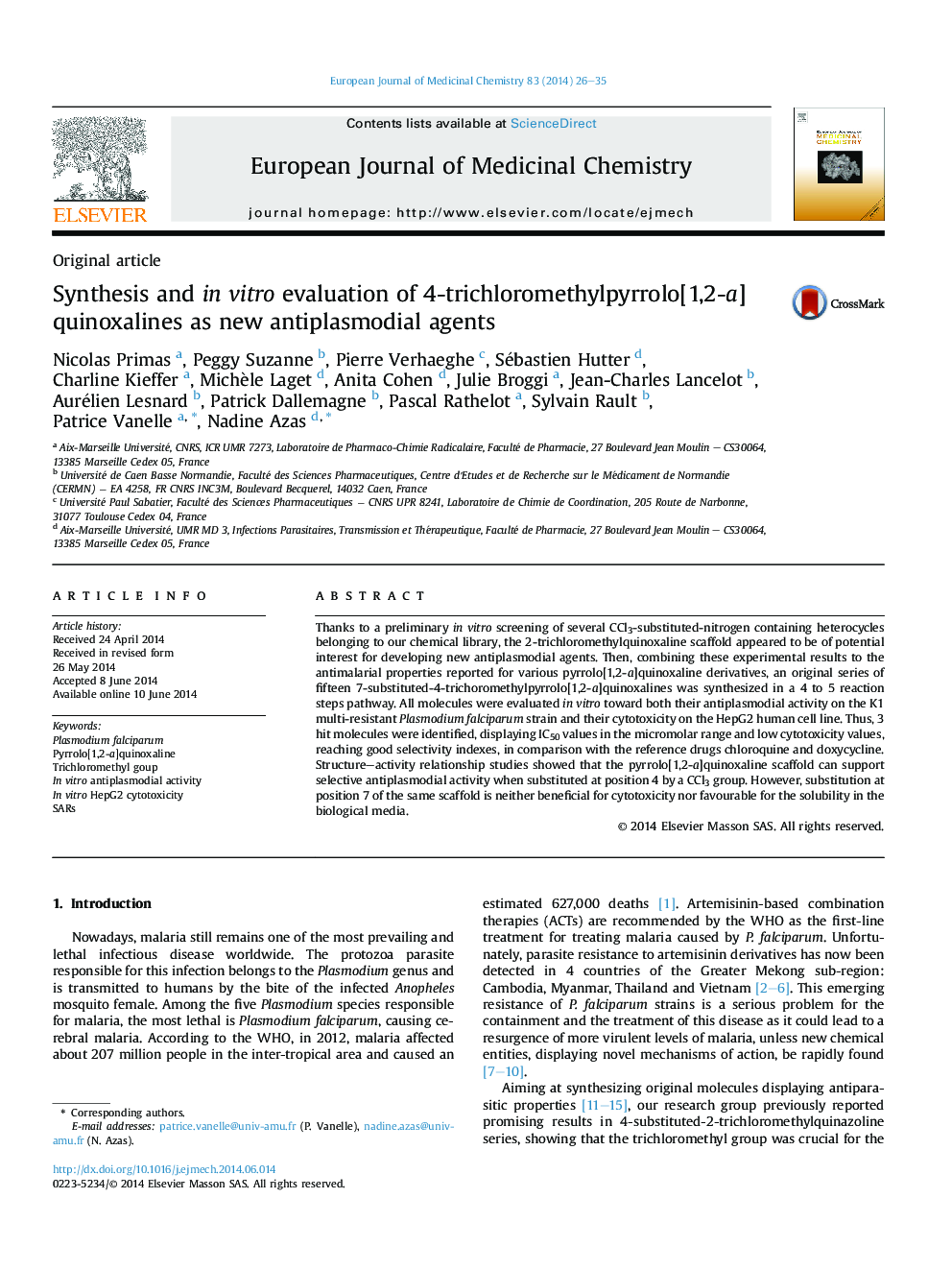 Synthesis and in vitro evaluation of 4-trichloromethylpyrrolo[1,2-a]quinoxalines as new antiplasmodial agents