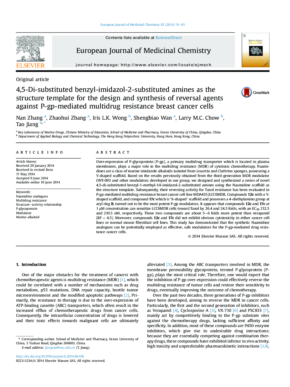 4,5-Di-substituted benzyl-imidazol-2-substituted amines as the structure template for the design and synthesis of reversal agents against P-gp-mediated multidrug resistance breast cancer cells