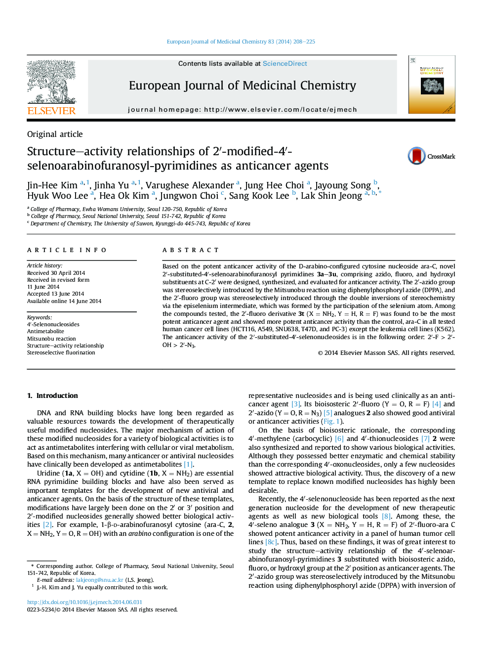 Structure–activity relationships of 2′-modified-4′-selenoarabinofuranosyl-pyrimidines as anticancer agents