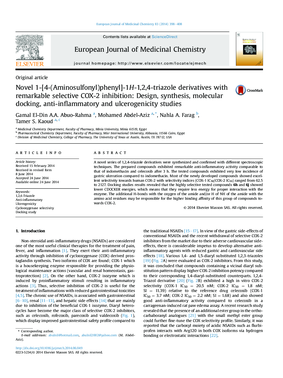 Novel 1-[4-(Aminosulfonyl)phenyl]-1H-1,2,4-triazole derivatives with remarkable selective COX-2 inhibition: Design, synthesis, molecular docking, anti-inflammatory and ulcerogenicity studies