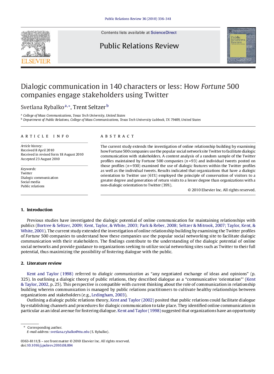 Dialogic communication in 140 characters or less: How Fortune 500 companies engage stakeholders using Twitter