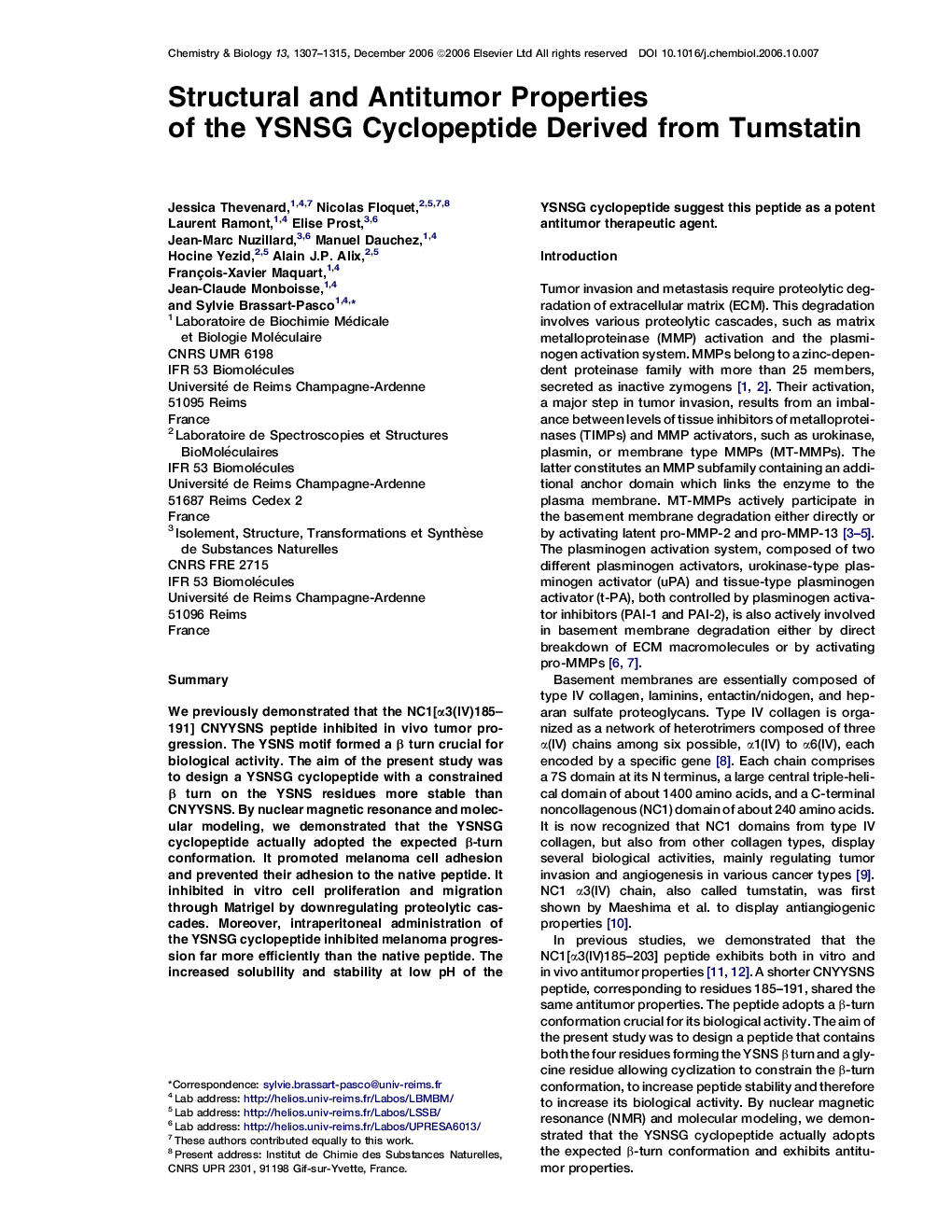 Structural and Antitumor Properties of the YSNSG Cyclopeptide Derived from Tumstatin