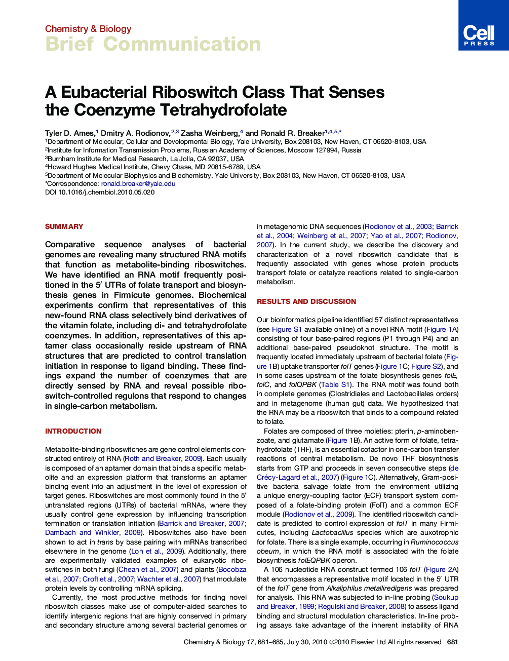 A Eubacterial Riboswitch Class That Senses the Coenzyme Tetrahydrofolate