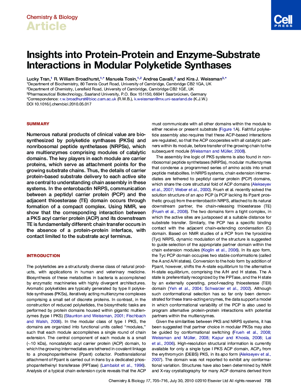 Insights into Protein-Protein and Enzyme-Substrate Interactions in Modular Polyketide Synthases