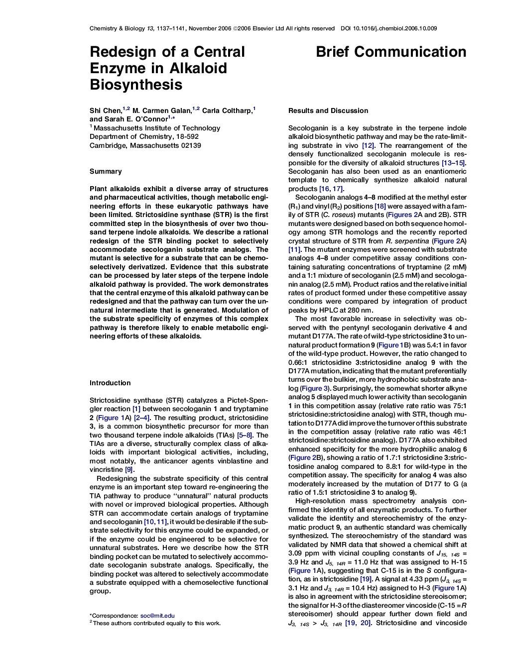 عکس صفحه اول مقاله: Redesign of a Central Enzyme in Alkaloid Biosynthesis Redesign of a Central Enzyme in Alkaloid Biosynthesis