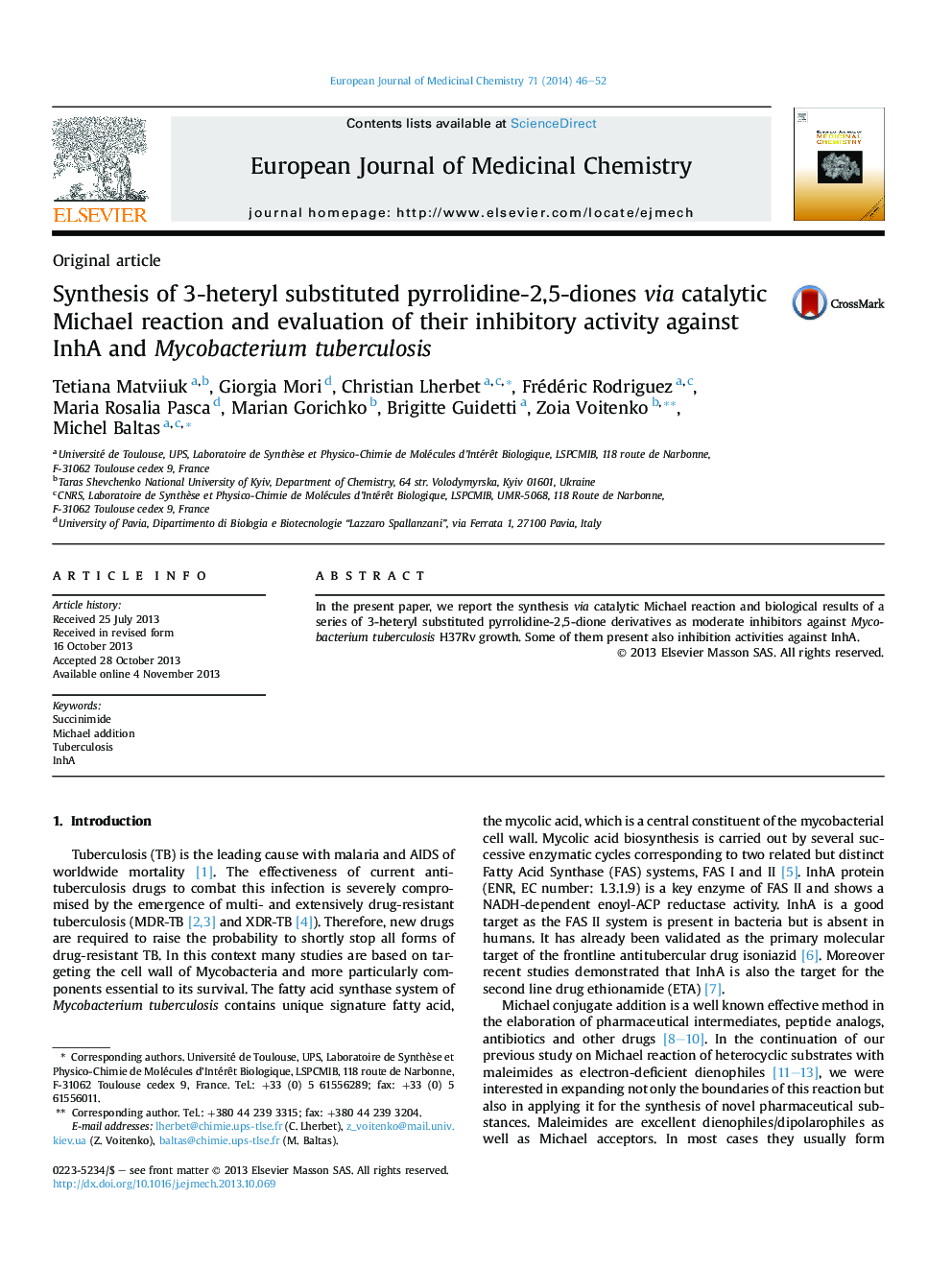 Synthesis of 3-heteryl substituted pyrrolidine-2,5-diones via catalytic Michael reaction and evaluation of their inhibitory activity against InhA and Mycobacterium tuberculosis