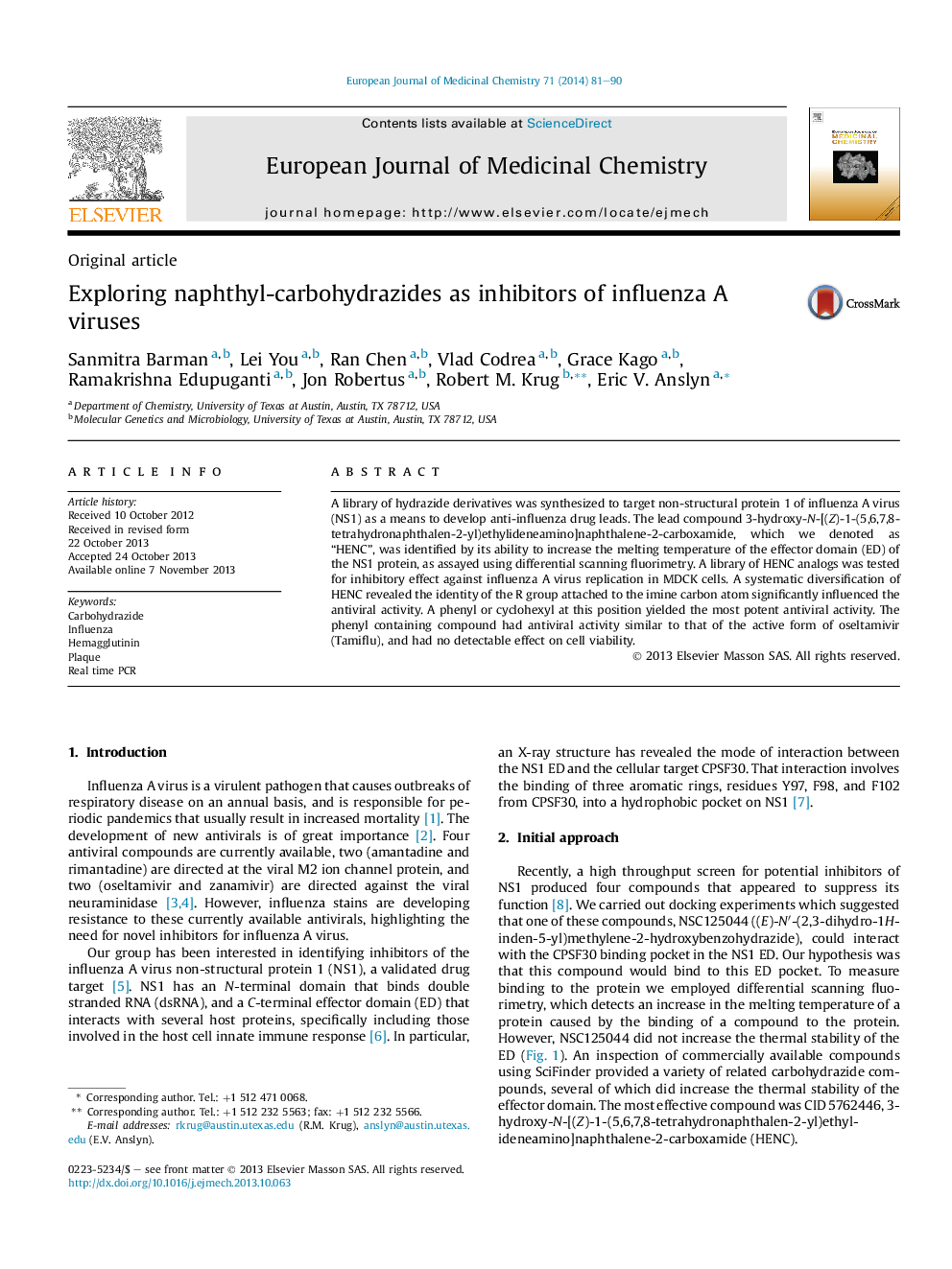 Exploring naphthyl-carbohydrazides as inhibitors of influenza A viruses