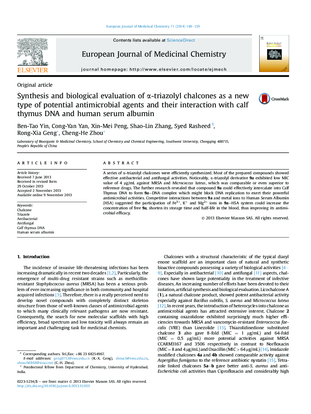 Synthesis and biological evaluation of α-triazolyl chalcones as a new type of potential antimicrobial agents and their interaction with calf thymus DNA and human serum albumin