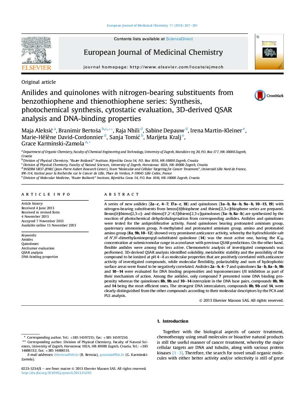 Anilides and quinolones with nitrogen-bearing substituents from benzothiophene and thienothiophene series: Synthesis, photochemical synthesis, cytostatic evaluation, 3D-derived QSAR analysis and DNA-binding properties