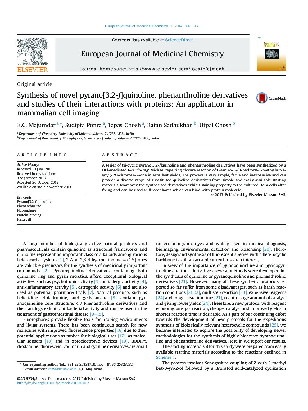 Synthesis of novel pyrano[3,2-f]quinoline, phenanthroline derivatives and studies of their interactions with proteins: An application in mammalian cell imaging