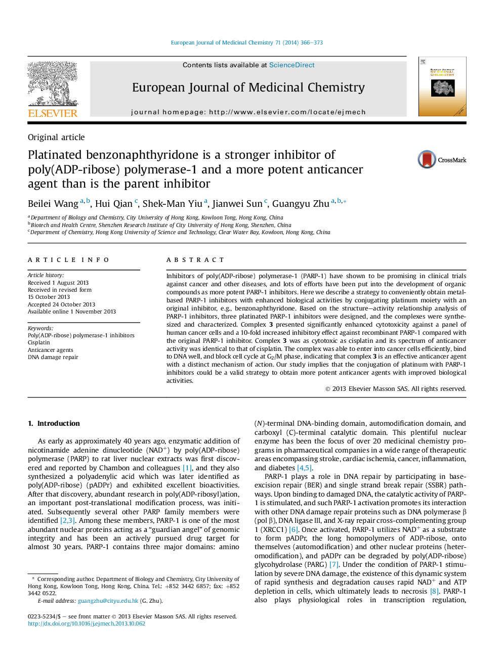 Platinated benzonaphthyridone is a stronger inhibitor of poly(ADP-ribose) polymerase-1 and a more potent anticancer agent than is the parent inhibitor