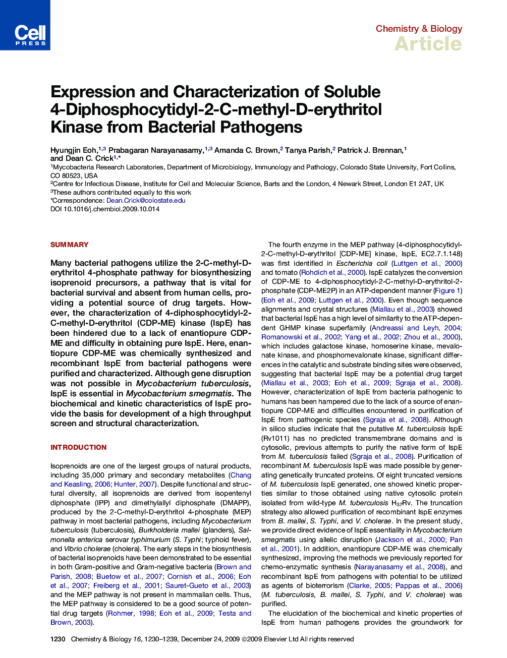 Expression and Characterization of Soluble 4-Diphosphocytidyl-2-C-methyl-D-erythritol Kinase from Bacterial Pathogens