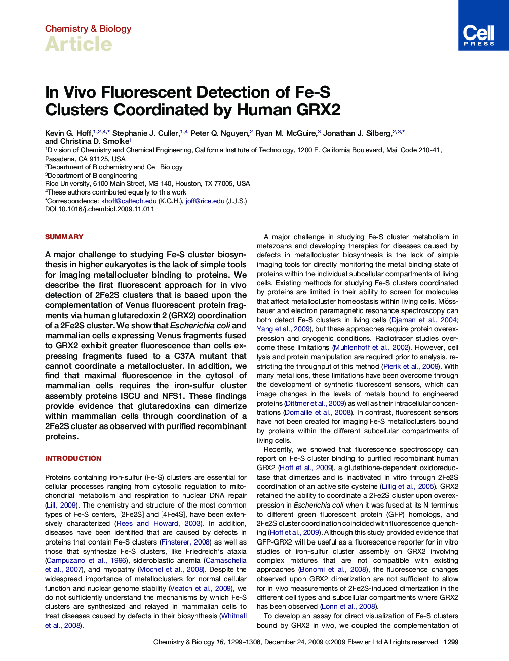 In Vivo Fluorescent Detection of Fe-S Clusters Coordinated by Human GRX2