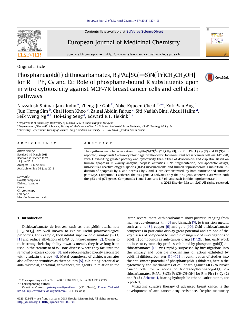 Phosphanegold(I) dithiocarbamates, R3PAu[SC(S)N(iPr)CH2CH2OH] for R = Ph, Cy and Et: Role of phosphane-bound R substituents upon in vitro cytotoxicity against MCF-7R breast cancer cells and cell death pathways