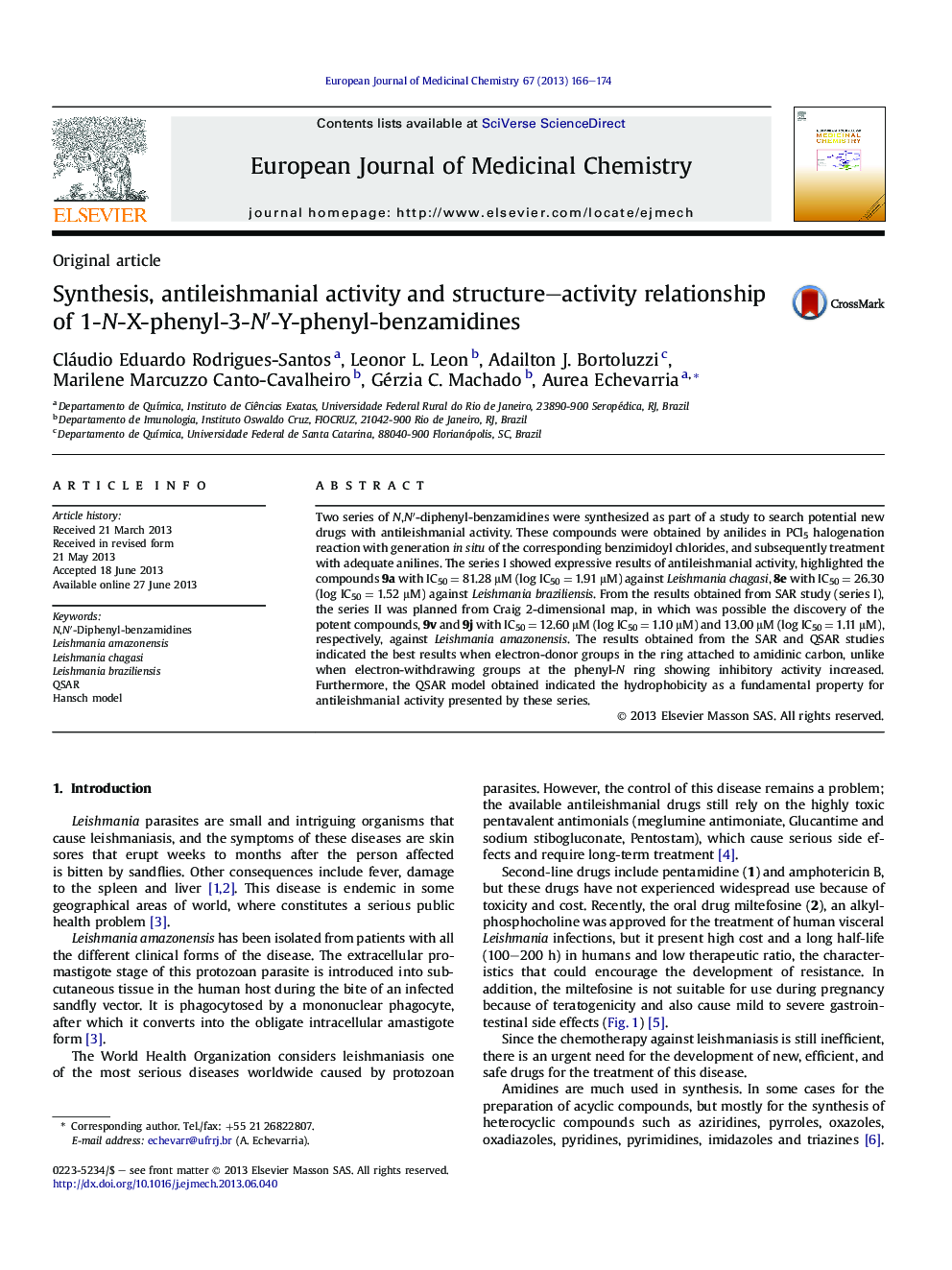 عکس صفحه اول مقاله: Synthesis, antileishmanial activity and structure–activity relationship of 1-N-X-phenyl-3-N′-Y-phenyl-benzamidines Synthesis, antileishmanial activity and structure–activity relationship of 1-N-X-phenyl-3-N′-Y-phenyl-benzamidines