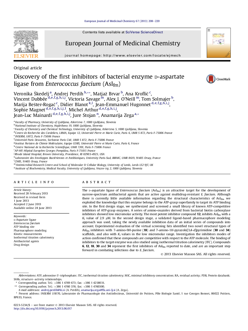 Discovery of the first inhibitors of bacterial enzyme d-aspartate ligase from Enterococcus faecium (Aslfm)