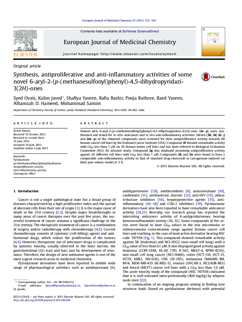 Synthesis, antiproliferative and anti-inflammatory activities of some novel 6-aryl-2-(p-(methanesulfonyl)phenyl)-4,5-dihydropyridazi-3(2H)-ones