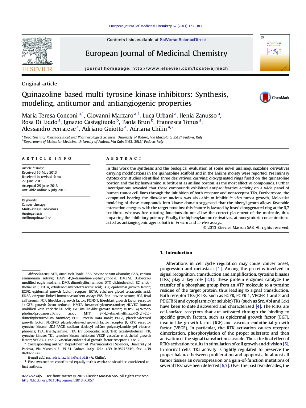 Quinazoline-based multi-tyrosine kinase inhibitors: Synthesis, modeling, antitumor and antiangiogenic properties