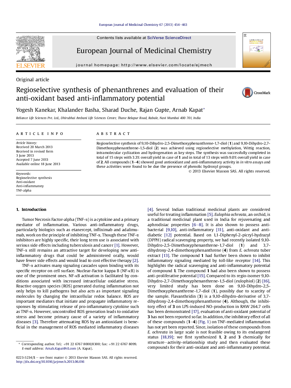 Regioselective synthesis of phenanthrenes and evaluation of their anti-oxidant based anti-inflammatory potential