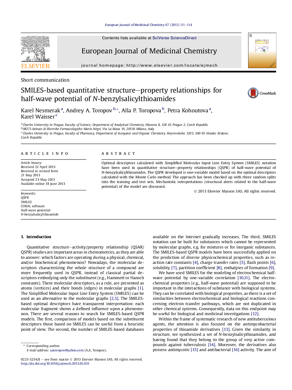 SMILES-based quantitative structure–property relationships for half-wave potential of N-benzylsalicylthioamides