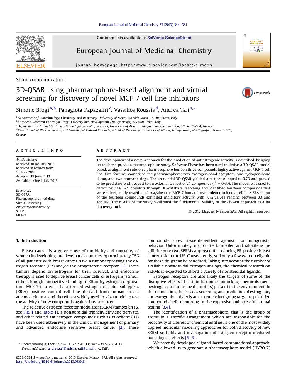 3D-QSAR using pharmacophore-based alignment and virtual screening for discovery of novel MCF-7 cell line inhibitors